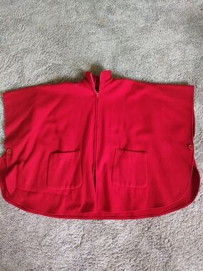 Red Zip-Front Poncho with Front Pockets